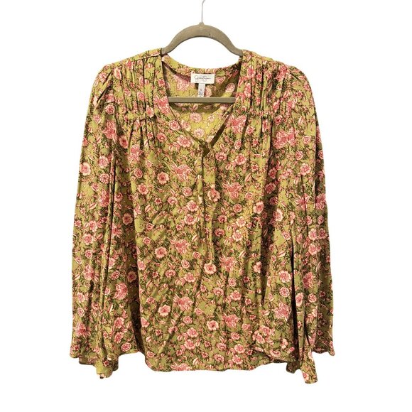 Jessica Simpson Olive Green Floral Boho Blouse With Tie Neck Sz L - Picture 1 of 11